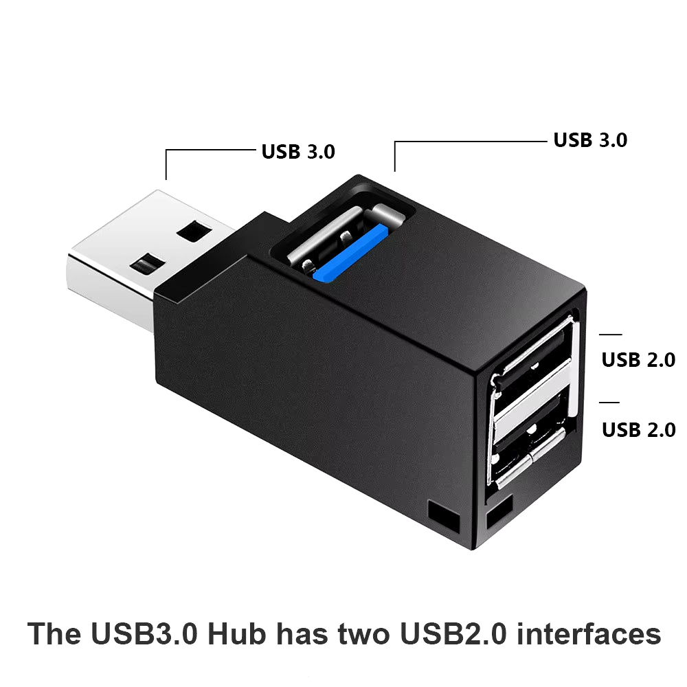 USB 3.0 Hub Adapter - 1 to 3 Ports High-Speed Splitter for PC and Laptop with USB 2.0 Support
