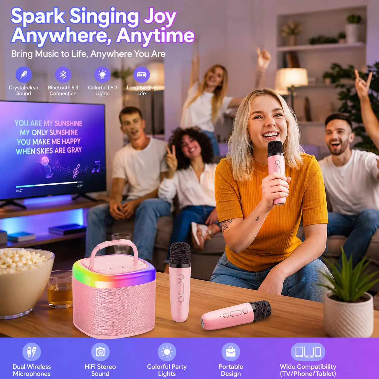 JYX D17 Mini Karaoke Machine Bluetooth Speaker with Wireless Microphones, Enhanced Bass & RGB Lighting | Portable KTV System for Outdoor Gatherings and Special Occasions