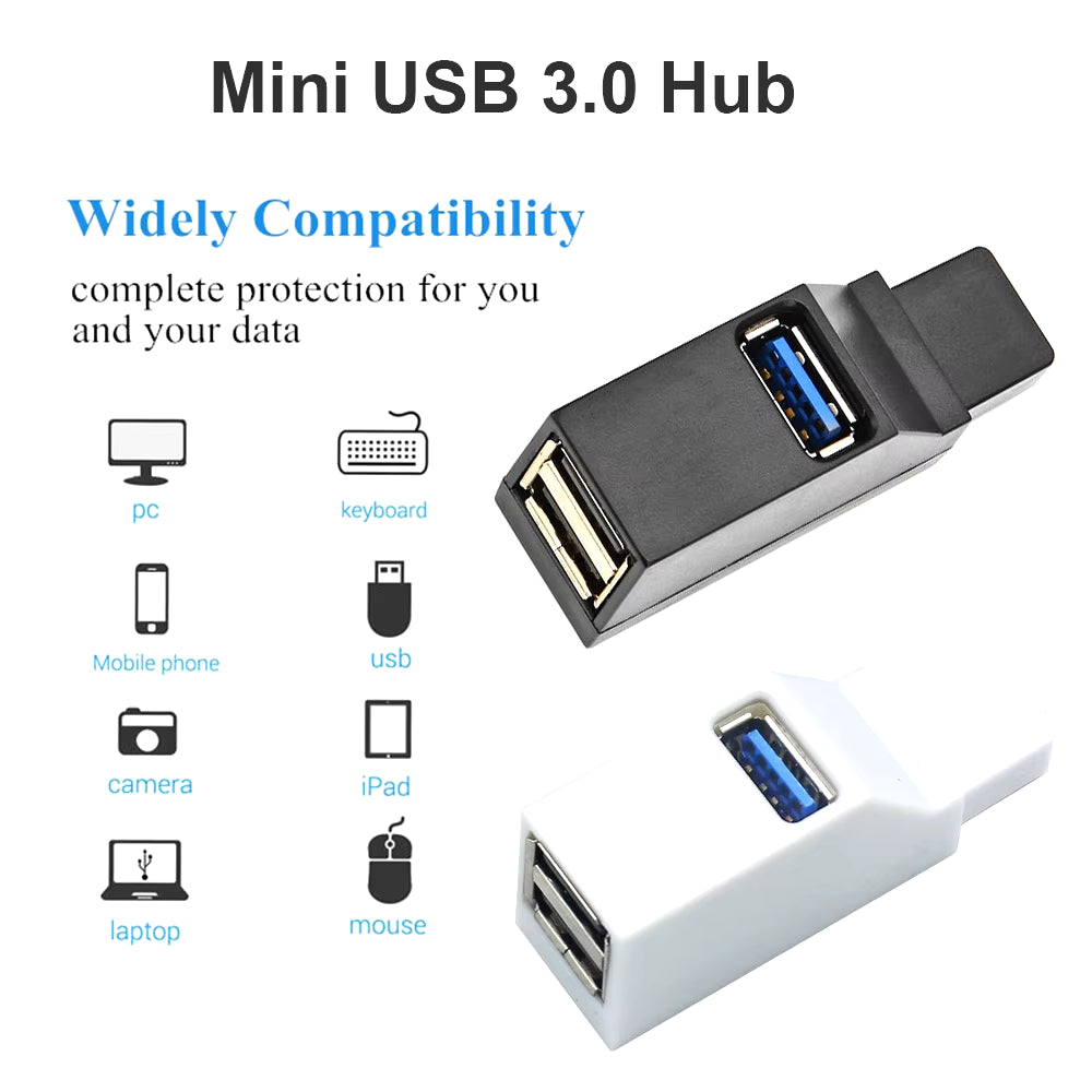 USB 3.0 Hub Adapter - 1 to 3 Ports High-Speed Splitter for PC and Laptop with USB 2.0 Support
