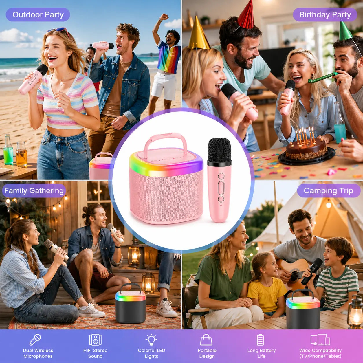 JYX D17 Mini Karaoke Machine Bluetooth Speaker with Wireless Microphones, Enhanced Bass & RGB Lighting | Portable KTV System for Outdoor Gatherings and Special Occasions